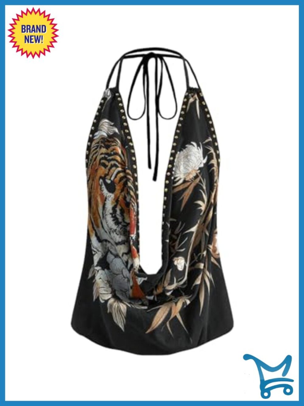 Plunge Deep V Halter Tank Top Studded Backless Vintage Festival Top